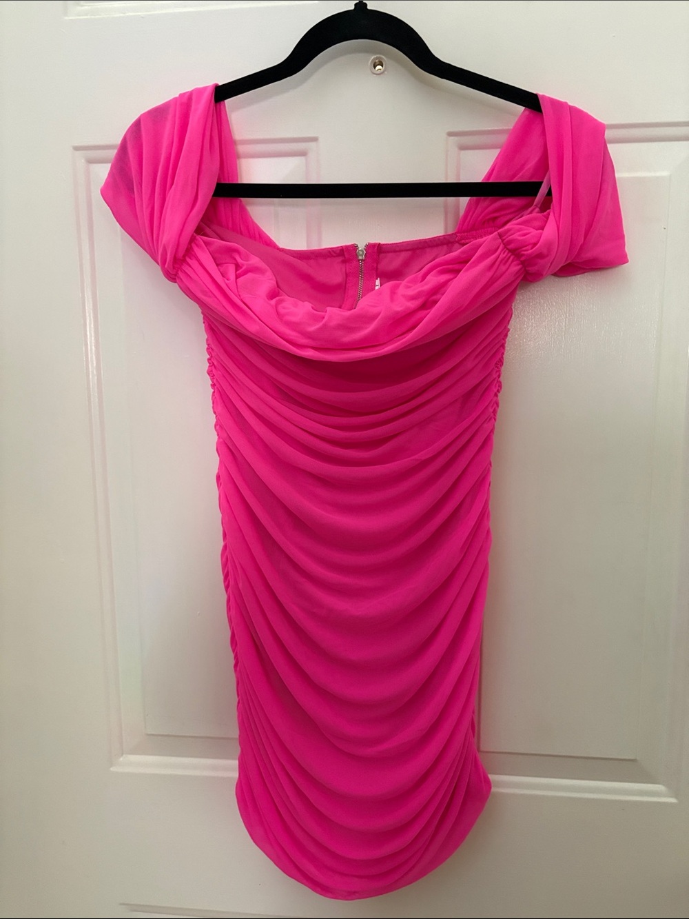 Draped Off-Shoulder Mini Dress in Hot Pink